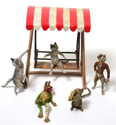 Lot 240 - Cold painted bronze figures of mouse with cheese; injured frog; cat bellboy and cats with...