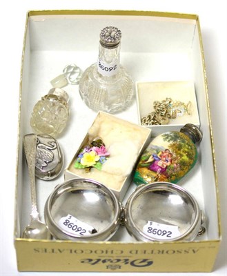 Lot 241 - A pair of Georgian silver salts, silver vesta, 800 standard box, three bottles, charm bracelet etc