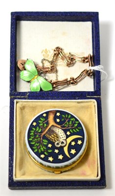 Lot 243 - A Danish enamel butterfly brooch, Halcyon days enamel travel clock and a 9ct gold gate link...