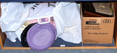 Lot 265 - A quantity of textiles including handbags, hats, fur coat etc