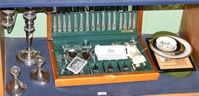 Lot 268 - A canteen of silver plated cutlery, silver plated candelabra, a pair of dwarf candlesticks, etc