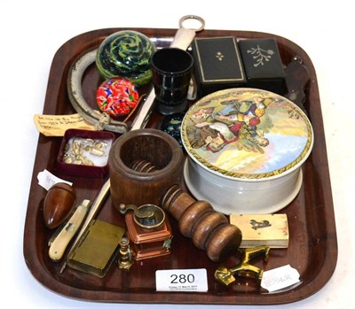 Lot 280 - A small group of collectables including Pratt ware pot and lid, papier mache snuff boxes, 19th...