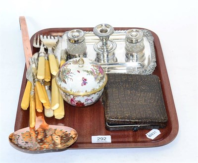 Lot 292 - Tray of miscellaneous items including inkstand dish, silver coffee bean spoons, fish cutlery etc