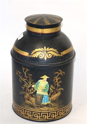 Lot 308 - A reproduction Japanned metal cylindrical tea canister and cover&nbsp