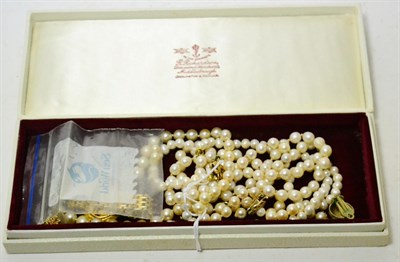 Lot 335 - A cultured pearl necklace, two other pearl necklaces, a pair of cultured pearl earrings and a...