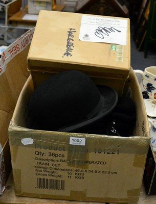 Lot 1002 - Two riding hats, jacket and two bowler hats