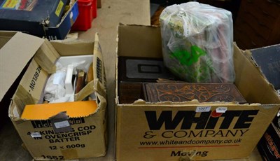 Lot 1007 - Assorted bygone tools, a writing slope, a Bakelite hairdryer, various boxes etc (two boxes)