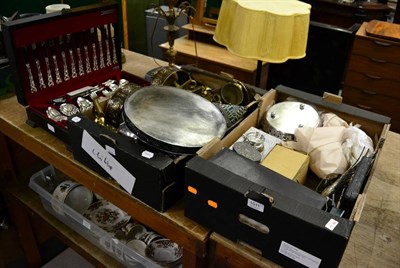 Lot 1011 - A quantity of silver plate and brass ware etc (in two boxes and a canteen)