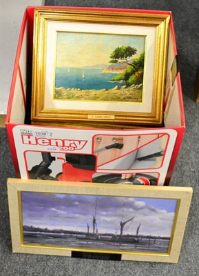 Lot 1038 - A quantity of framed articles including oils, of seascapes and landscapes, a Persian...