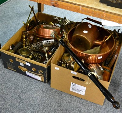 Lot 1039 - Two boxes of copper, brass and silver plate including tea sets, tazza, toast racks, twin...