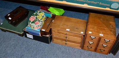 Lot 1056 - A pine four drawer cabinet and a box containing sewing related items and books, together with a...