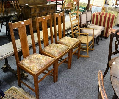 Lot 1102 - A group of furniture comprising an Edwardian striped tub chair, a pair of oak dining chairs, a...