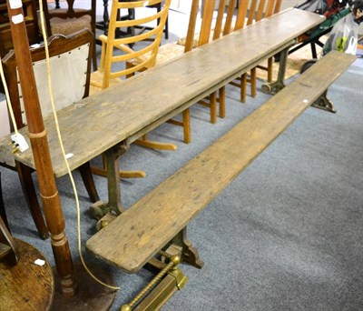 Lot 1103 - A 19th century school desk for six, with fitted bench seat on a cast iron base stamped 'J B & S Guy