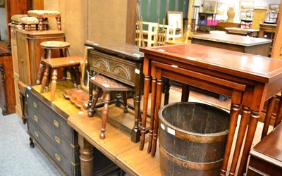 Lot 1124 - A group of furniture comprising three needlework stools, three wooden stools, a 19th century toilet