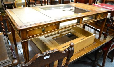 Lot 1134 - A mahogany reproduction display table, plant pedestal, mahogany two tier table and pine two...