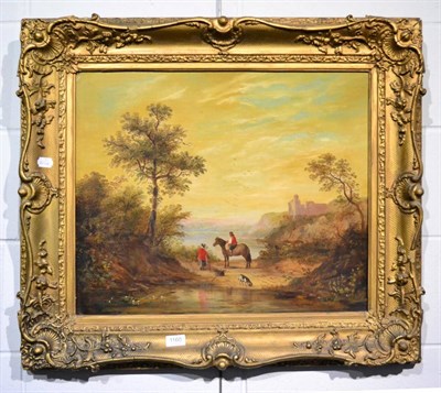 Lot 1160 - Follower of George Morland (1763-1804) Figures beside a lake with a view of a hilltop building...