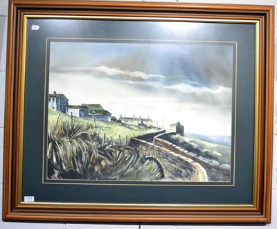 Lot 1161 - Ashley Jackson (b.1940) A bridge before farm dwellings in a moorland landscape, signed,...