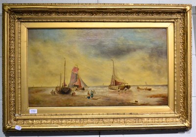 Lot 1162 - J* Holiday (19th century) Fisherfolk and beached vessels on the sands, signed, oil on canvas