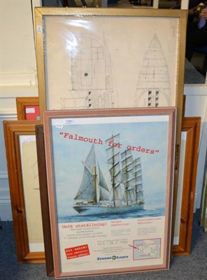 Lot 1180 - Shipping interest, a group of framed articles including a commemorative jumper, posters, maps, etc