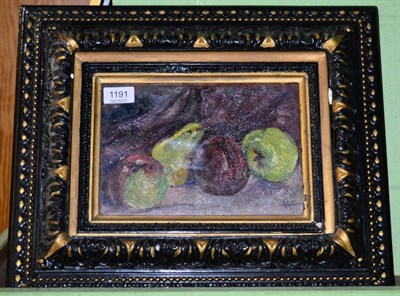 Lot 1191 - Follower of William Nicholson (1781-1844) Still life with apples and pears on a ledge, bears...