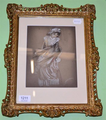 Lot 1211 - TBW (19th century) Portrait of a young lady wearing a a white bonnet and holding her skirts, pastel