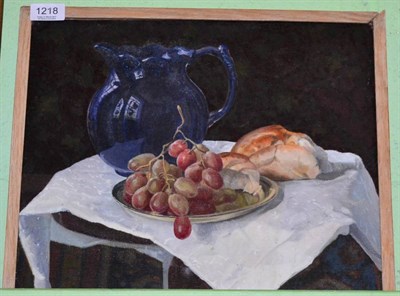 Lot 1218 - Alicia Czechowski (20th century) American ";Still Life with Blue Pitcher and Bread";, Oil on...