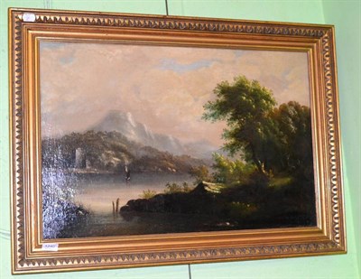 Lot 1240 - English School (19th century) A boat before a ruin on a lake in a mountainous landscape, oil on...