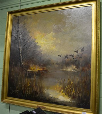 Lot 1242 - John Hubertus Hendriks Bevort (20th century school) mallards in flight, acrylic on canvas,...