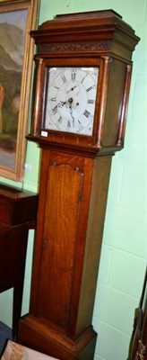 Lot 1252 - An oak eight day longcase clock, painted white dial