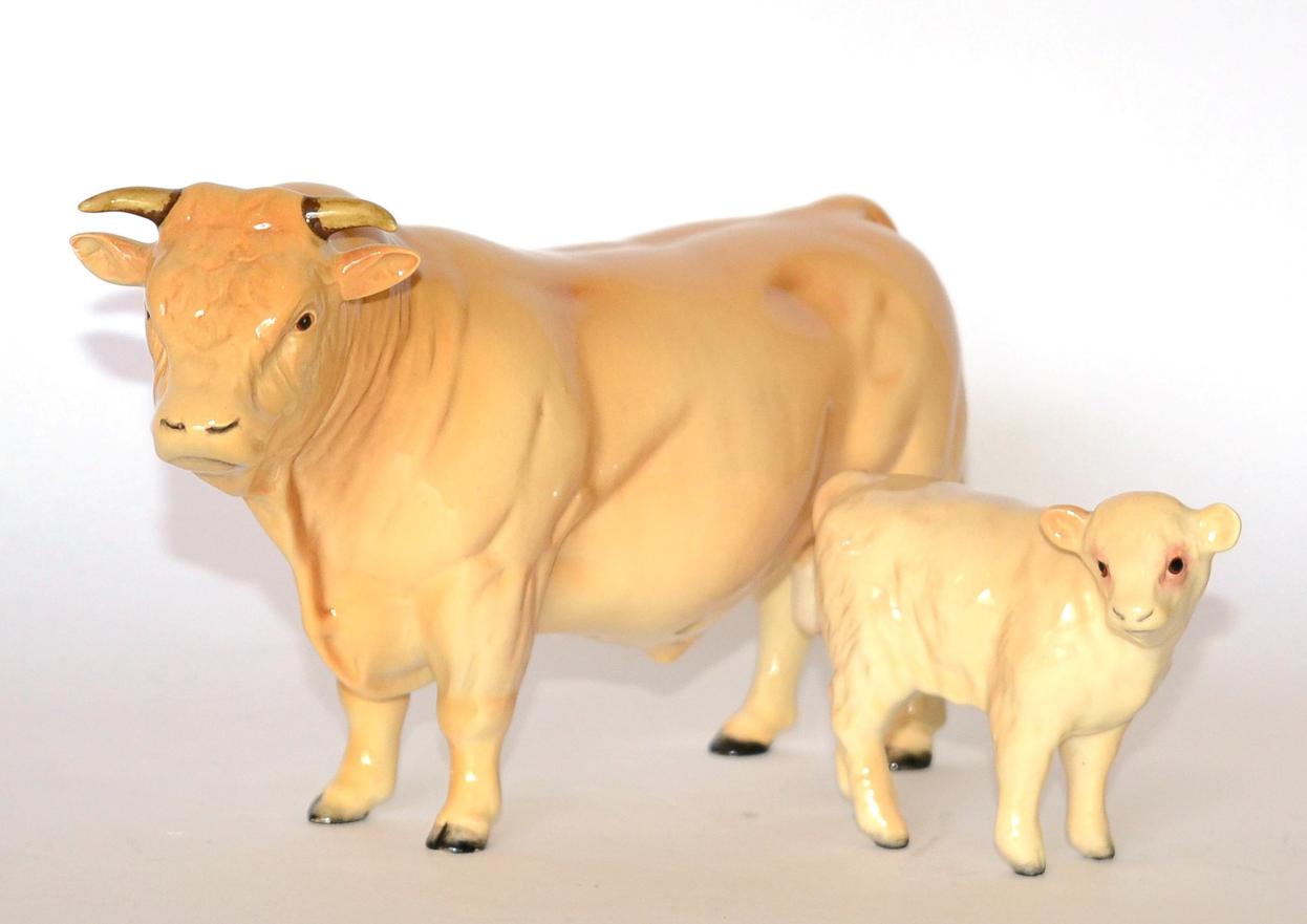 Lot 71 - Beswick Cattle Comprising: Charolais Bull, model No. 2463A and Charolais Calf, model No. 1827B,...