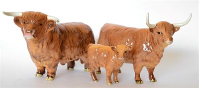 Lot 76 - Beswick Cattle Comprising: Highland Bull, model No. 2008, Highland Cow, model No. 1740 and Highland