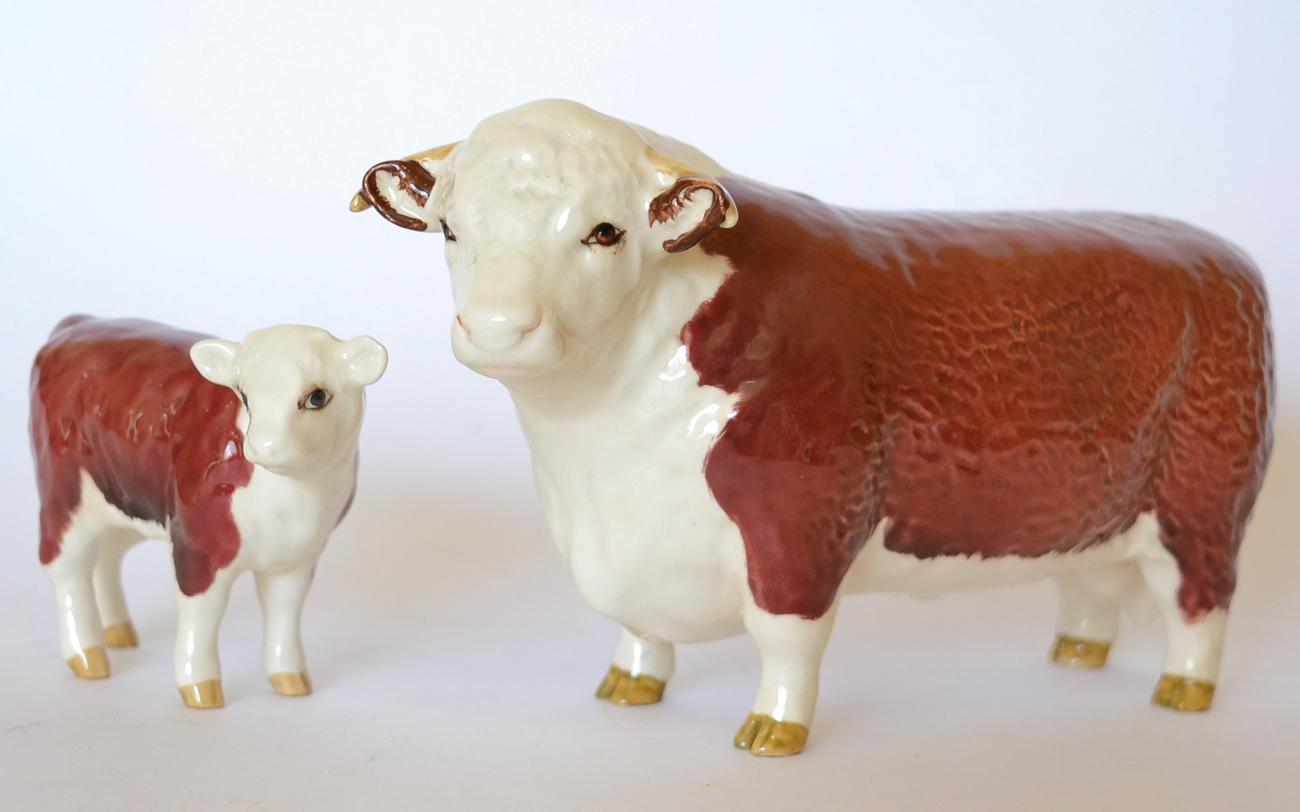 Lot 85 - Beswick Hereford Bull, model No. 1363A and Hereford Calf, model No. 1827C, both brown and white...