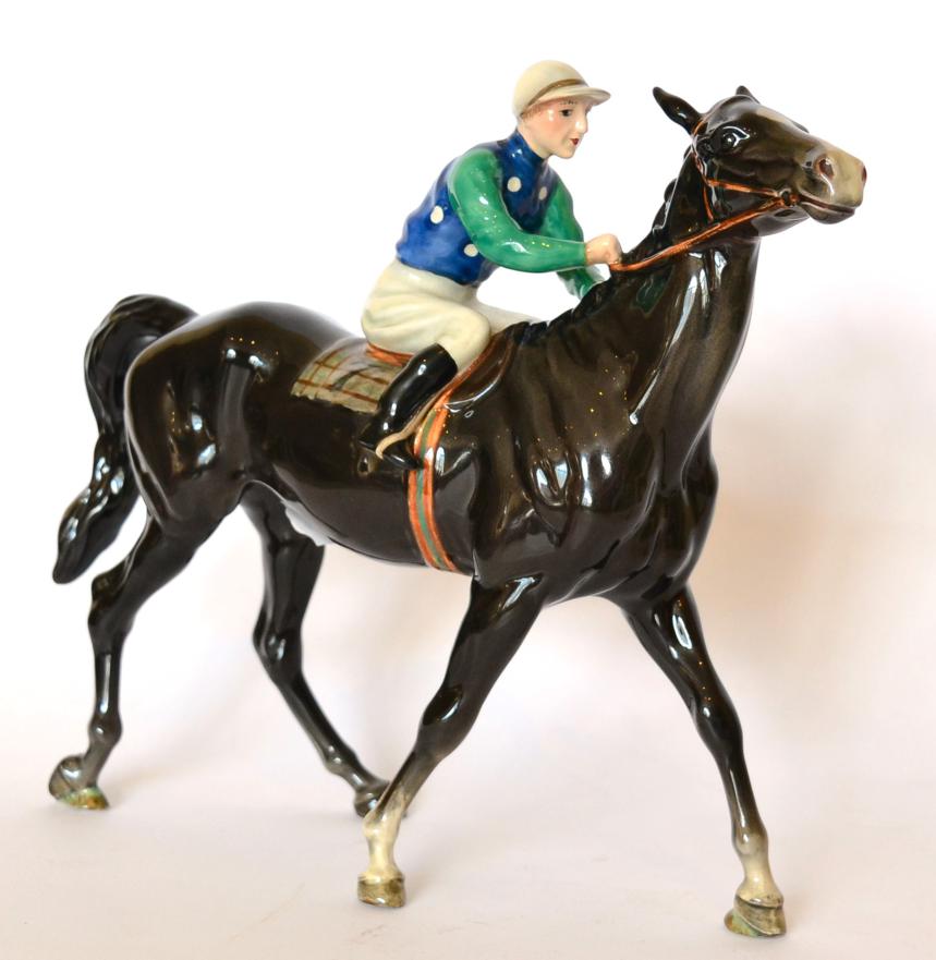 Lot 92 - Beswick Racehorse and Jockey (Walking Racehorse), model No. 1037, horse charcoal gloss, with...