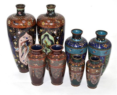 Lot 107 - Four pairs of Japanese cloisonne vases