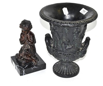Lot 110 - A 19th century French school bronze of a child praying upon a cushion, marble base; together with a