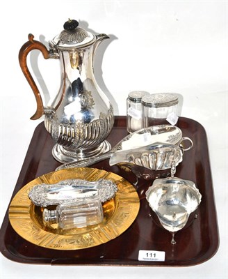 Lot 111 - Two silver sauceboats, three jars, brush, pin tray, plated water jug and a brass ashtray