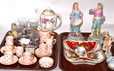 Lot 112 - Cold painted Vienna style bronze pug, Meissen cup and saucer, Dresden dish, five glasses, two pairs