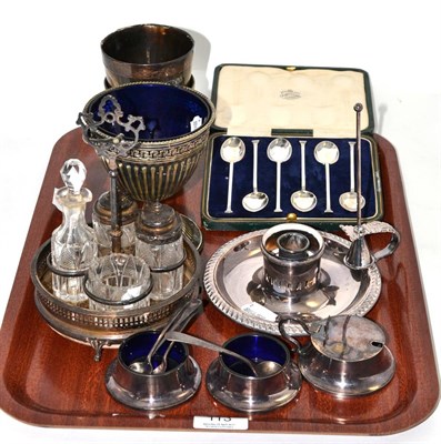 Lot 113 - A Victorian cruet stand and matched bottles, three piece cruet, a set of six silver coffee...