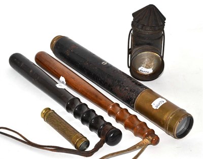 Lot 120 - Two telescopes; two policemans truncheons and a policemans hand-held lamp (5)