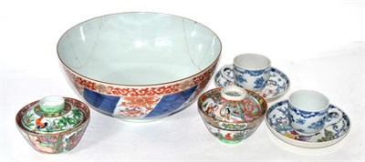 Lot 129 - A Chinese Imari punch bowl (a.f.), two coffee cups, two saucers and two rice bowls and covers