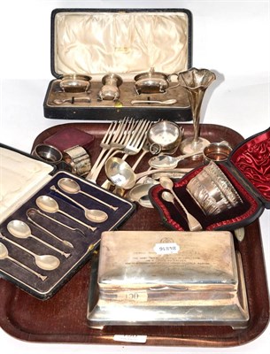 Lot 150 - A small collection of silver including a cased Victorian sugar and tongs set, cigarette box,...