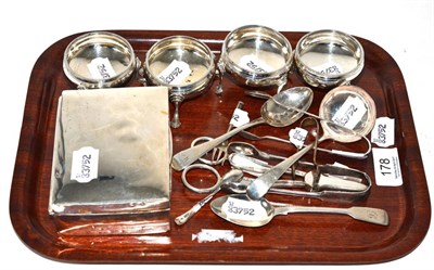 Lot 178 - A set of four silver Georgian salts, silver cigarette case, silver tea spoons, three pairs of sugar