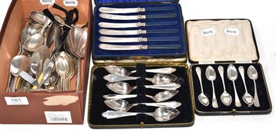 Lot 181 - A cased set of six silver teaspoons, silver spoons and plated flatware