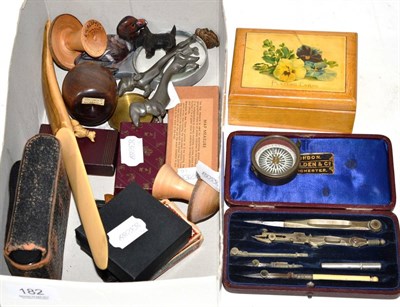 Lot 182 - Assorted treen, a carved paperknife, boxed playing cards and other items (qty)