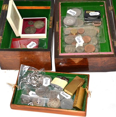 Lot 183 - A quantity of coins, two Dunhill and one Ronson lighters, two costume jewellery brooches, three...