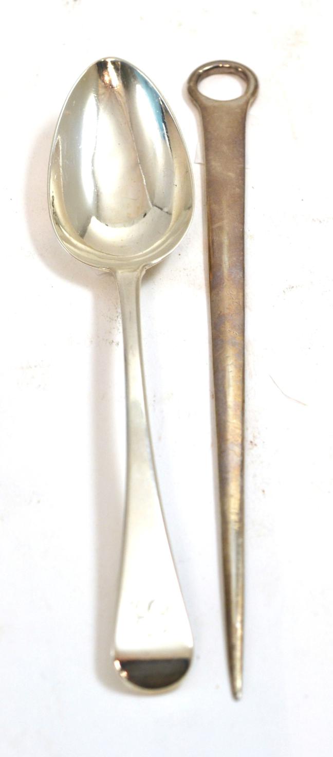 Lot 187 - A George III silver skewer, by Andrew Logan, London, 1804; with a table spoon (2)