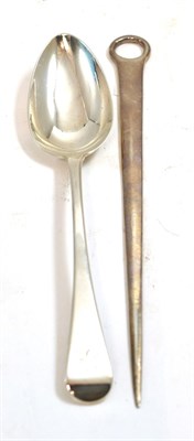 Lot 187 - A George III silver skewer, by Andrew Logan, London, 1804; with a table spoon (2)