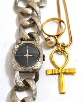 Lot 193 - An 18ct gold Ankh cross on 9ct gold chain, a 9ct gold cultured pearl ring and a silver Longines...