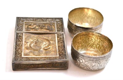 Lot 202 - Pair of Middle Eastern white metal salts together with a Chinese filigree card case decorated...