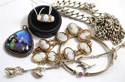 Lot 204 - A 9ct gold opal and diamond ring, a cameo bracelet, stamped '9ct', silver bracelet and a...